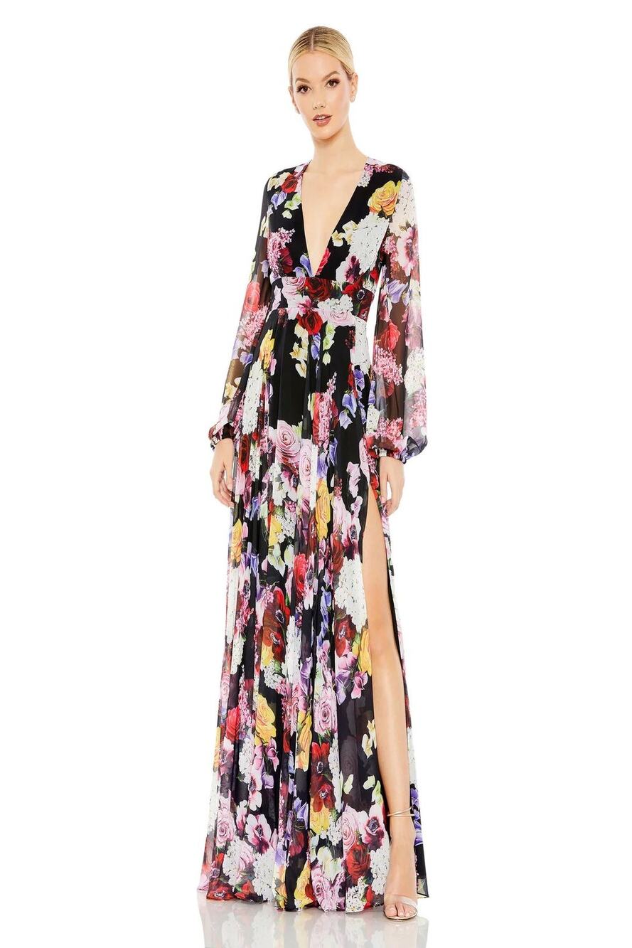 Ieena Mac Duggal Black Multi Floral Long Sleeve Chiffon Gown Size 20 NEW